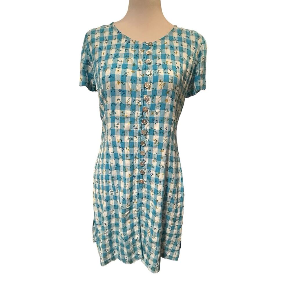 VTG 90s Plaid Checked Mini Dress Prairie Cottage SIZE 2P Blue White USA Floral
